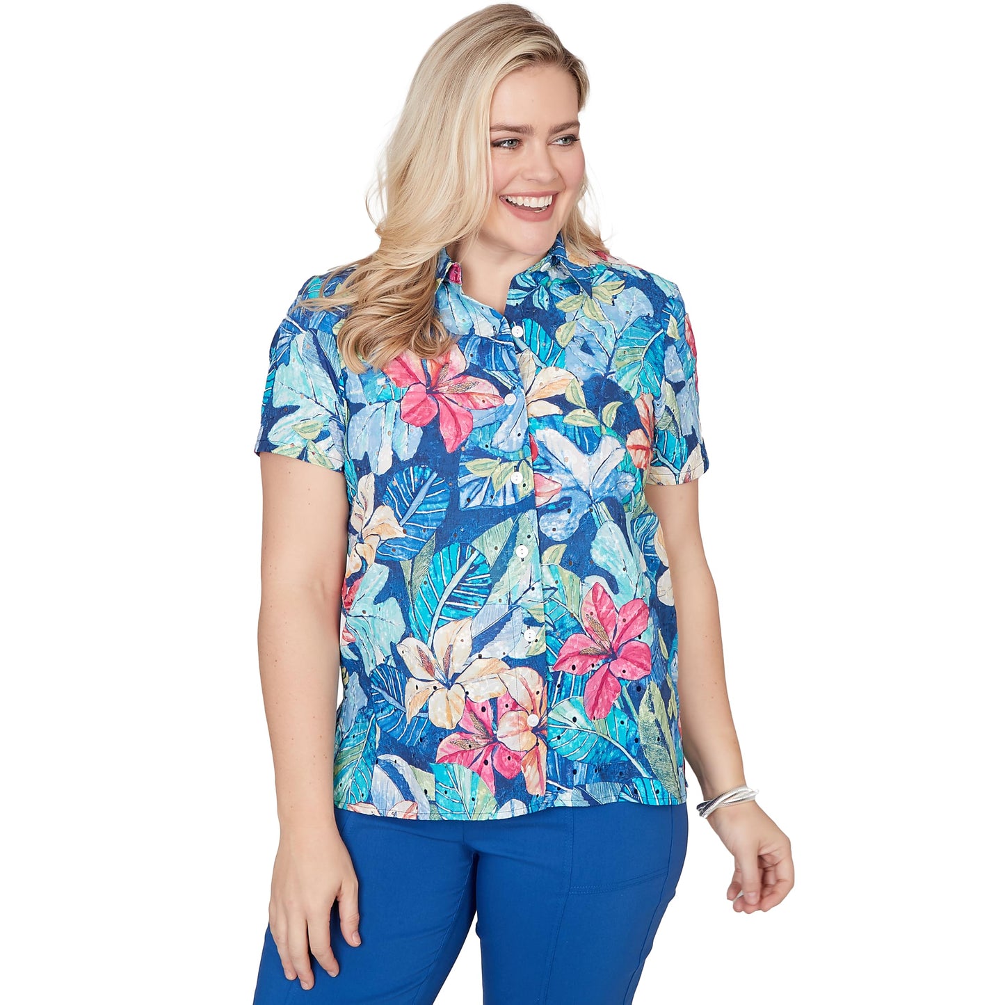 Alfred Dunner Women's Tropical Lace Short Sleeve Button Front Tee