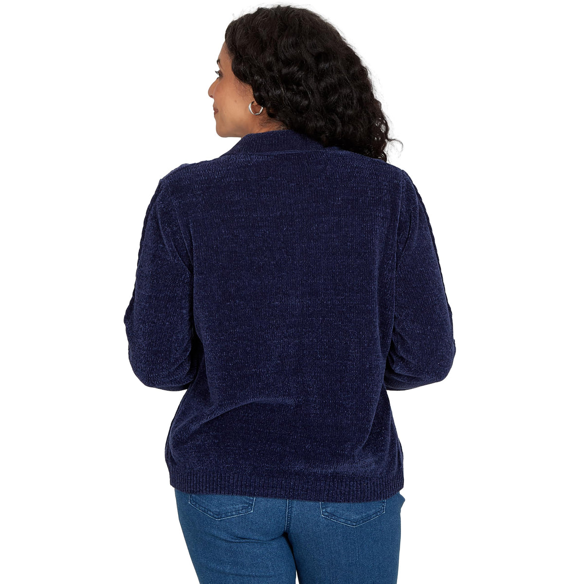 Alfred Dunner Women's Cable Chenille Zip Cardigan Sweater, Navy, M
