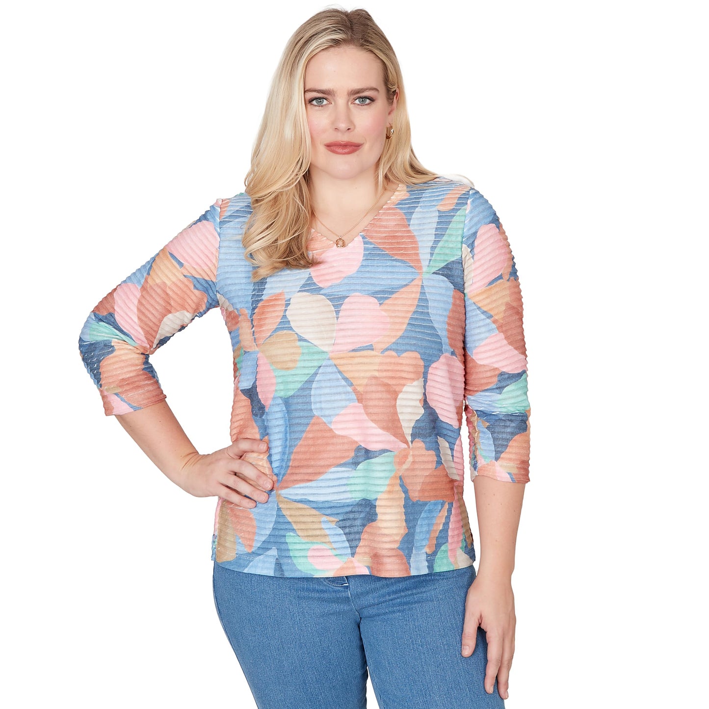 Alfred Dunner Women's Abstract Floral V Neck Top, Size M, Blue Multi