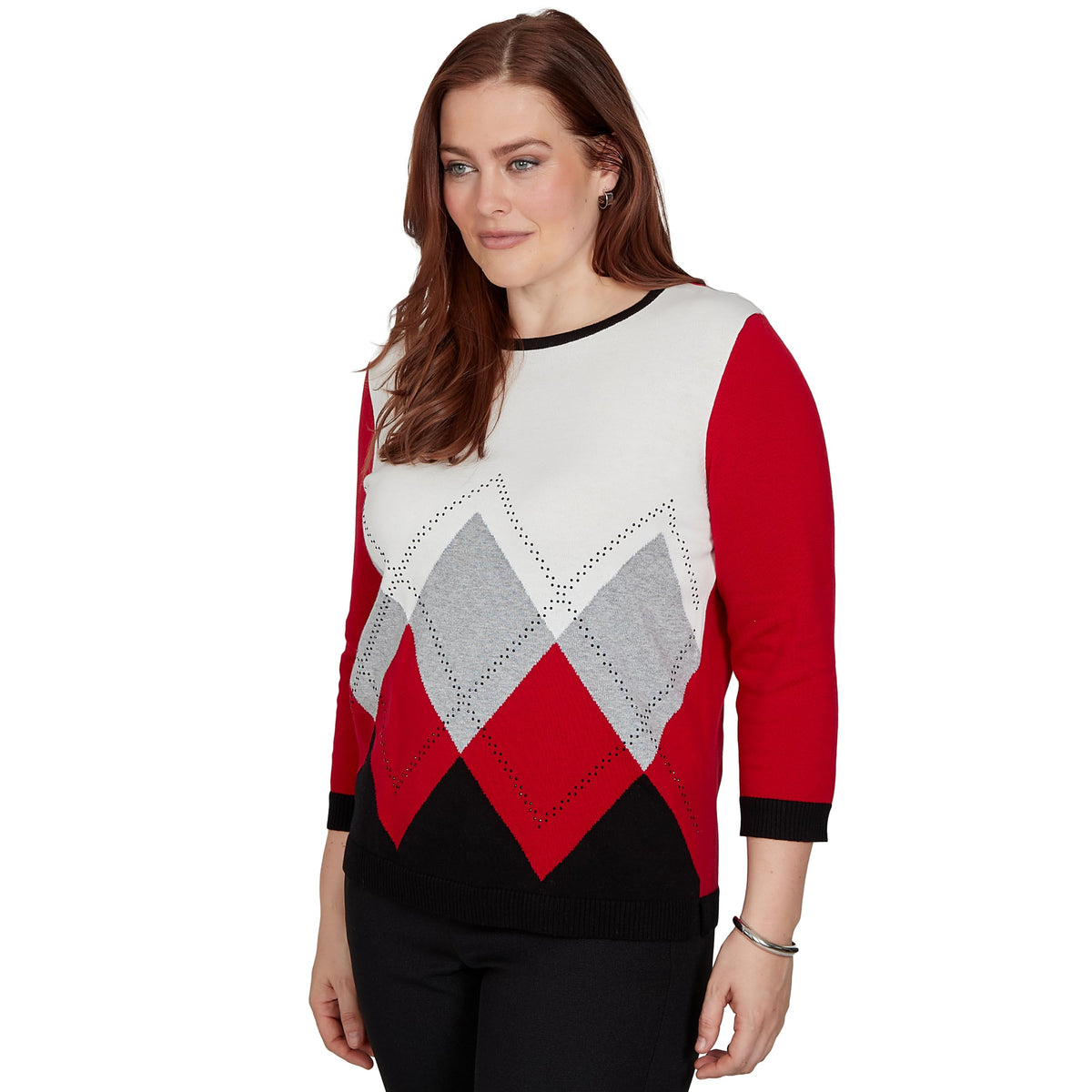 Alfred Dunner Women's Argyle Beaded Sweater, Red, M