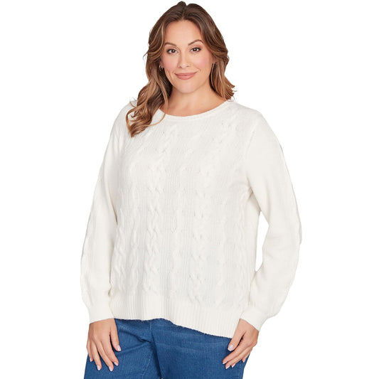 Ruby Rd. Classic Cable Pullover Sweater Polyester/Nylon (US, Alpha, 1X, Plus, Regular, Plus Size, Ivory)
