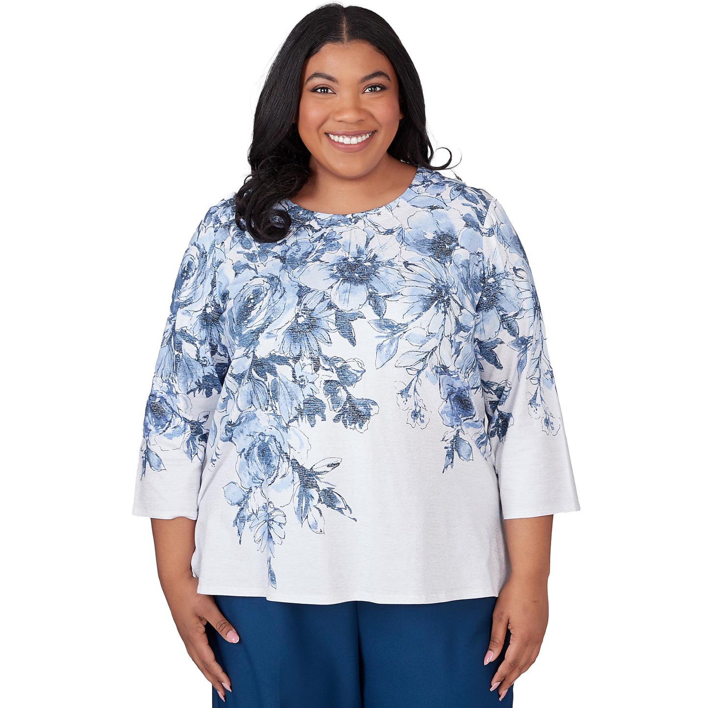 Alfred Dunner Women's Classics Floral Yoke Shimmer Top