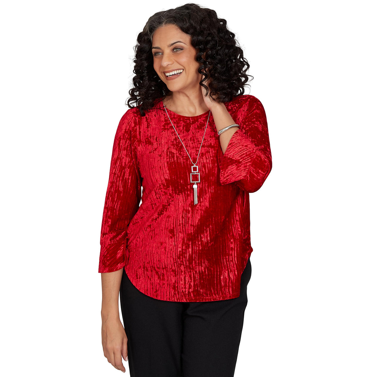 Alfred Dunner Women's Crushed Velvet Top with Necklace, Red, L