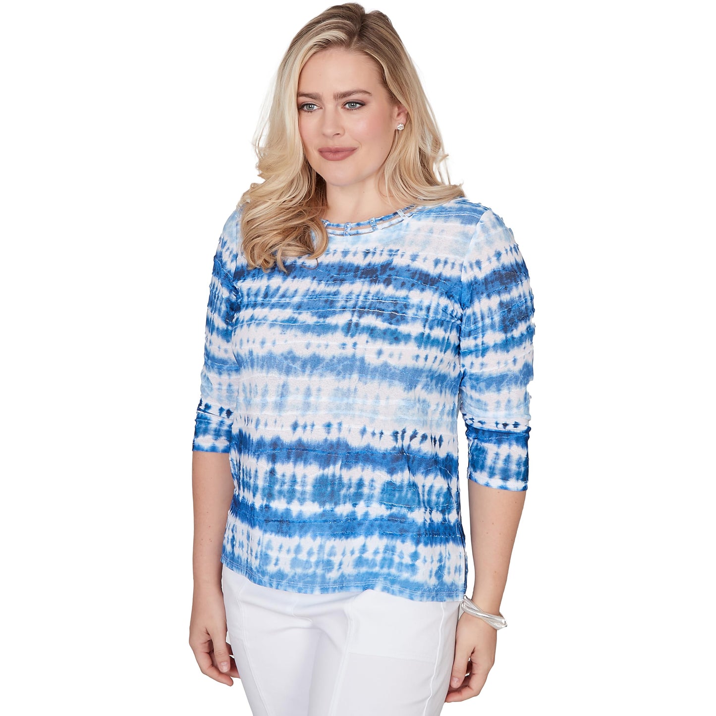 Alfred Dunner Women's Tie Dye Biadere Knotted Crew Neck Top