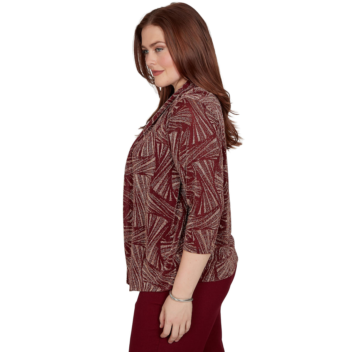 Alfred Dunner Shimmer Abstract Two in One Top with Necklace, Cranberry, M