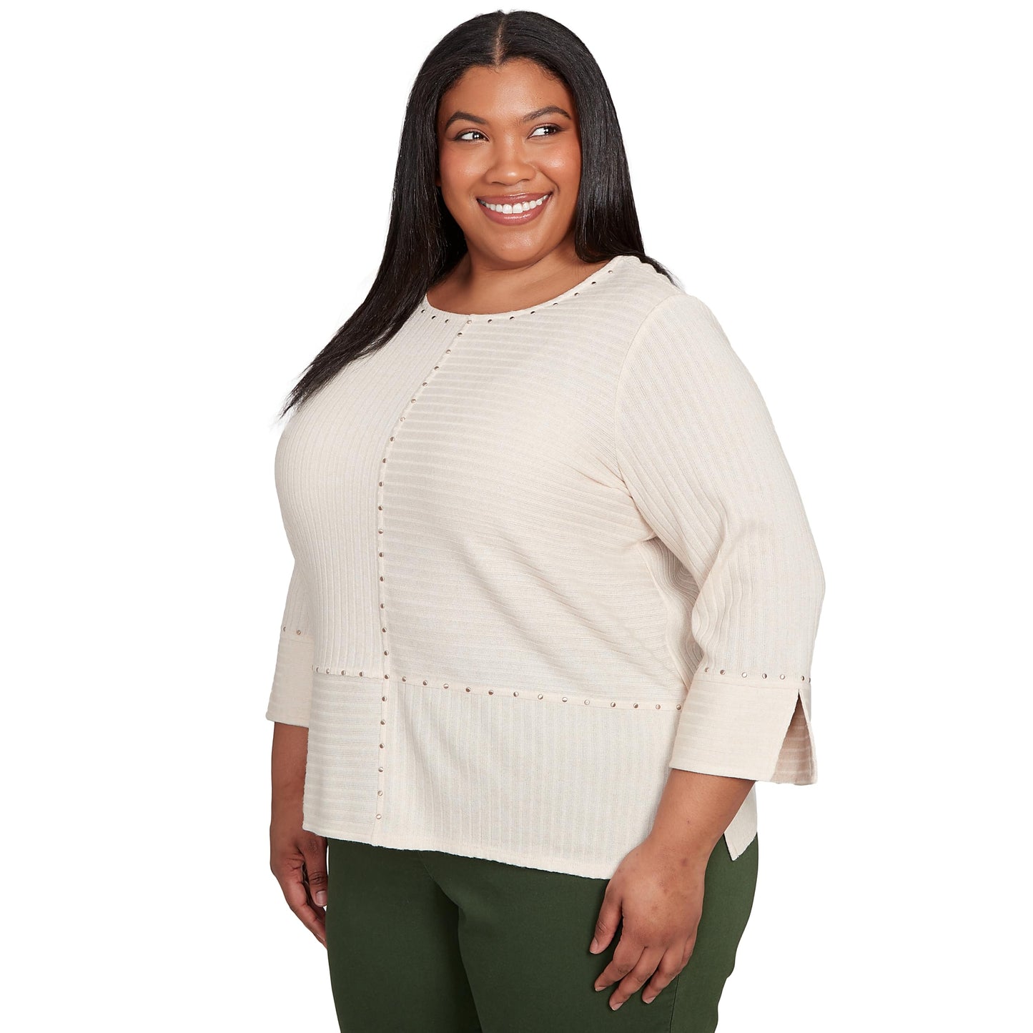 Alfred Dunner Women's Petite Heat Set Embellished Solid Top Size PL Oatmeal
