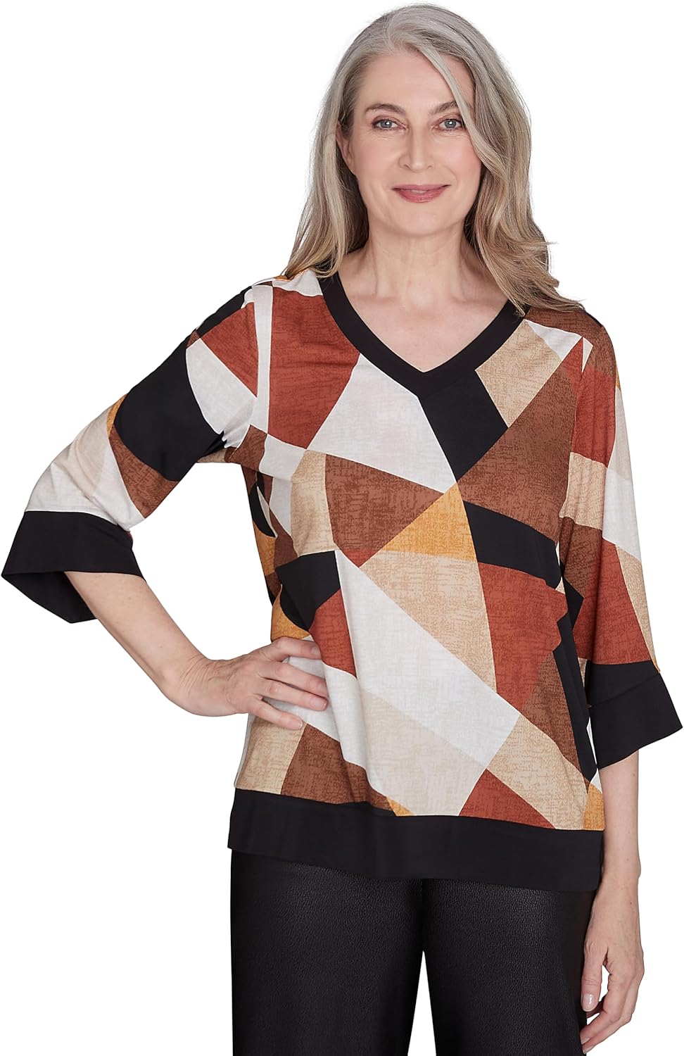 Alfred Dunner Rue Rivoli Trimmed Patchwork Polyester Top (US, Alpha, Small, Regular, Regular, Standard, Multi/Natural)