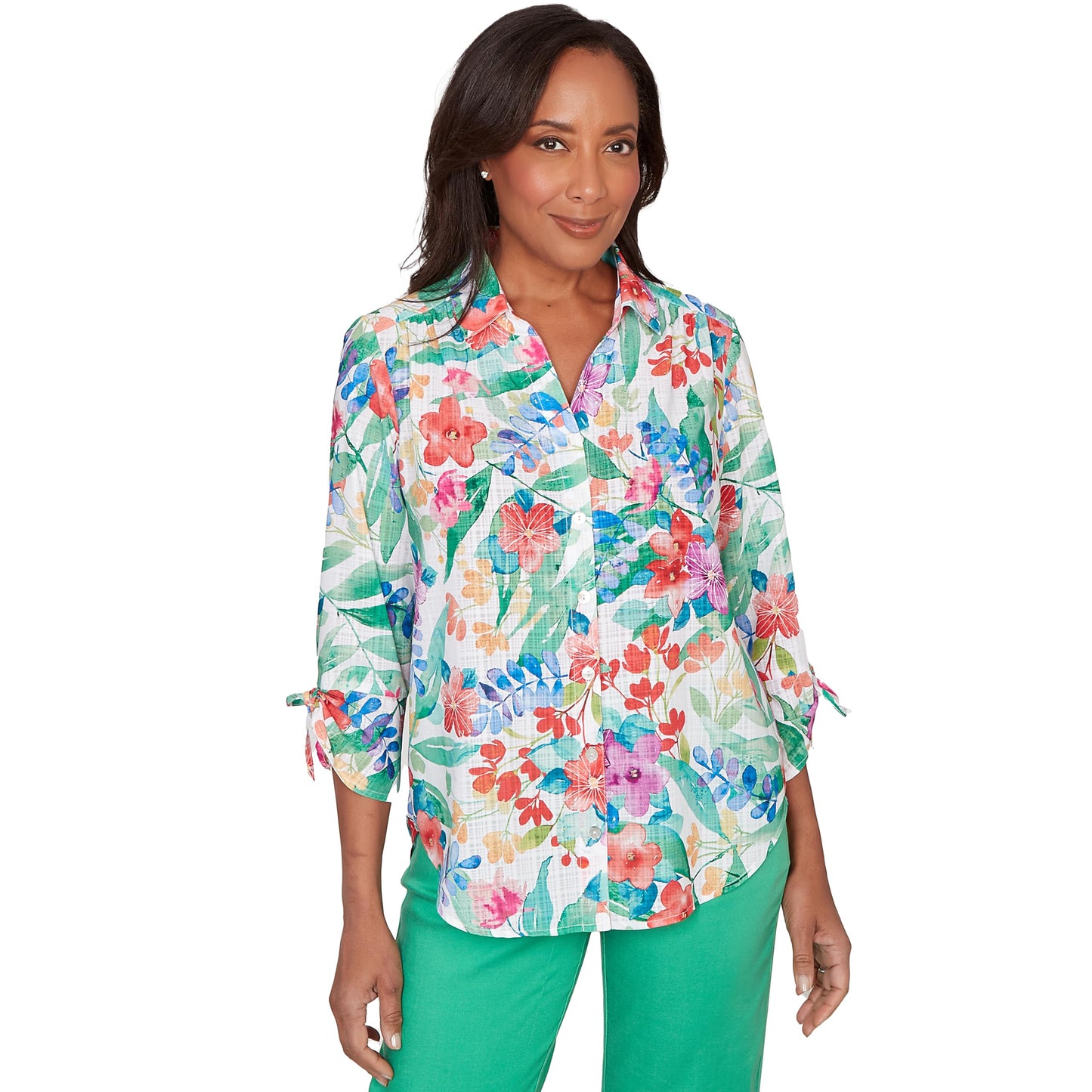 Alfred Dunner Women's Tropical Print Tie Sleeve Button Front Top