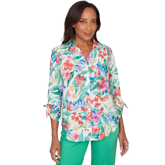 Alfred Dunner Women's Tropical Print Tie Sleeve Button Front Top