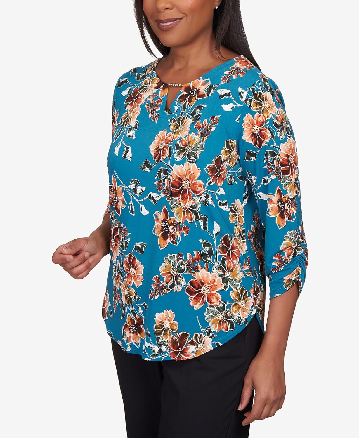 Alfred Dunner Women's Tossed Floral Shirttail Hem Top Size L Teal