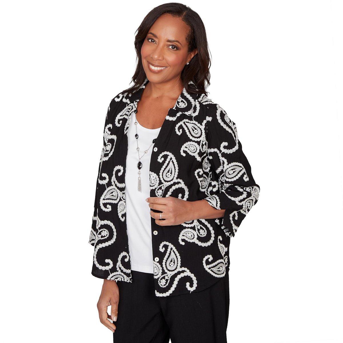 Alfred Dunner Women's Plus-Size Paisley Embroidered Two in One Top with Necklace, Size 2X, Black