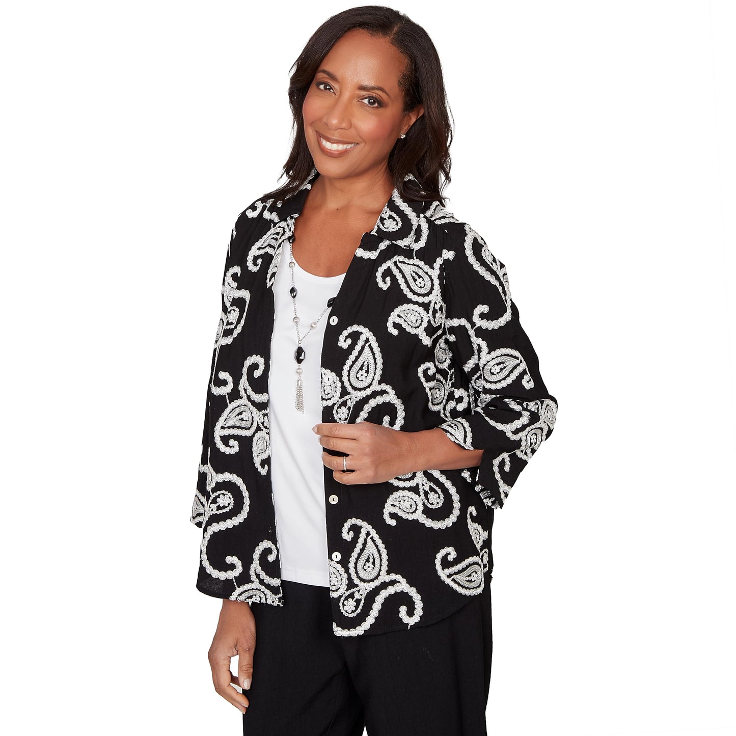 Alfred Dunner Women's Paisley Embroidered Two in One Top with Necklace