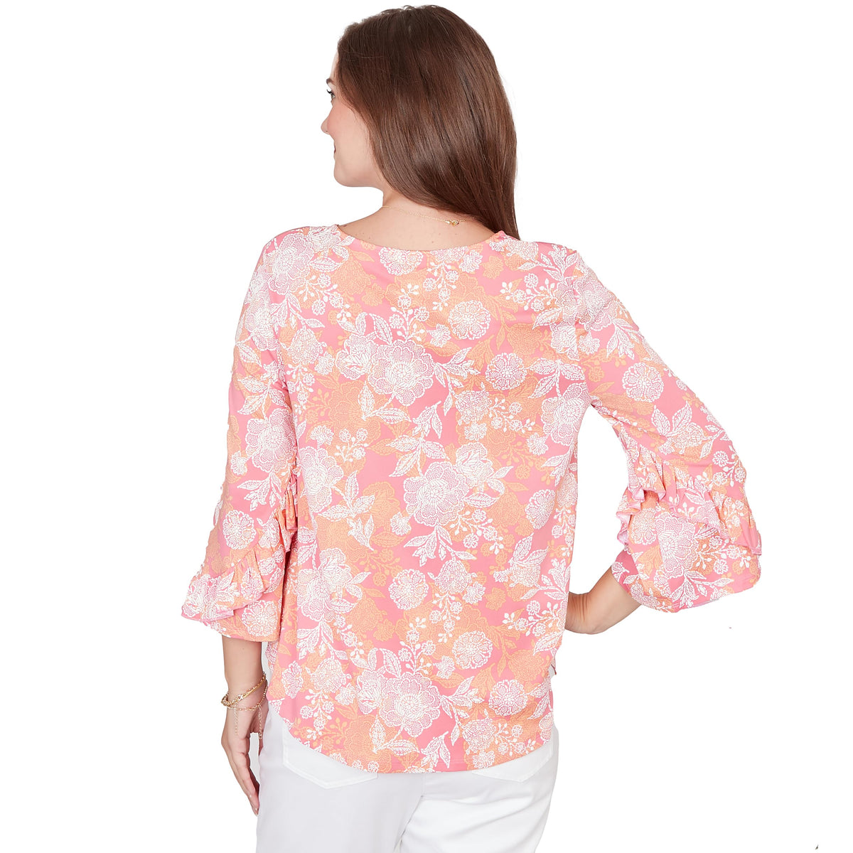 Ruby Rd. Women's Floral Puff Print Ruffle Knit Top, Cotton Candy Multi, S