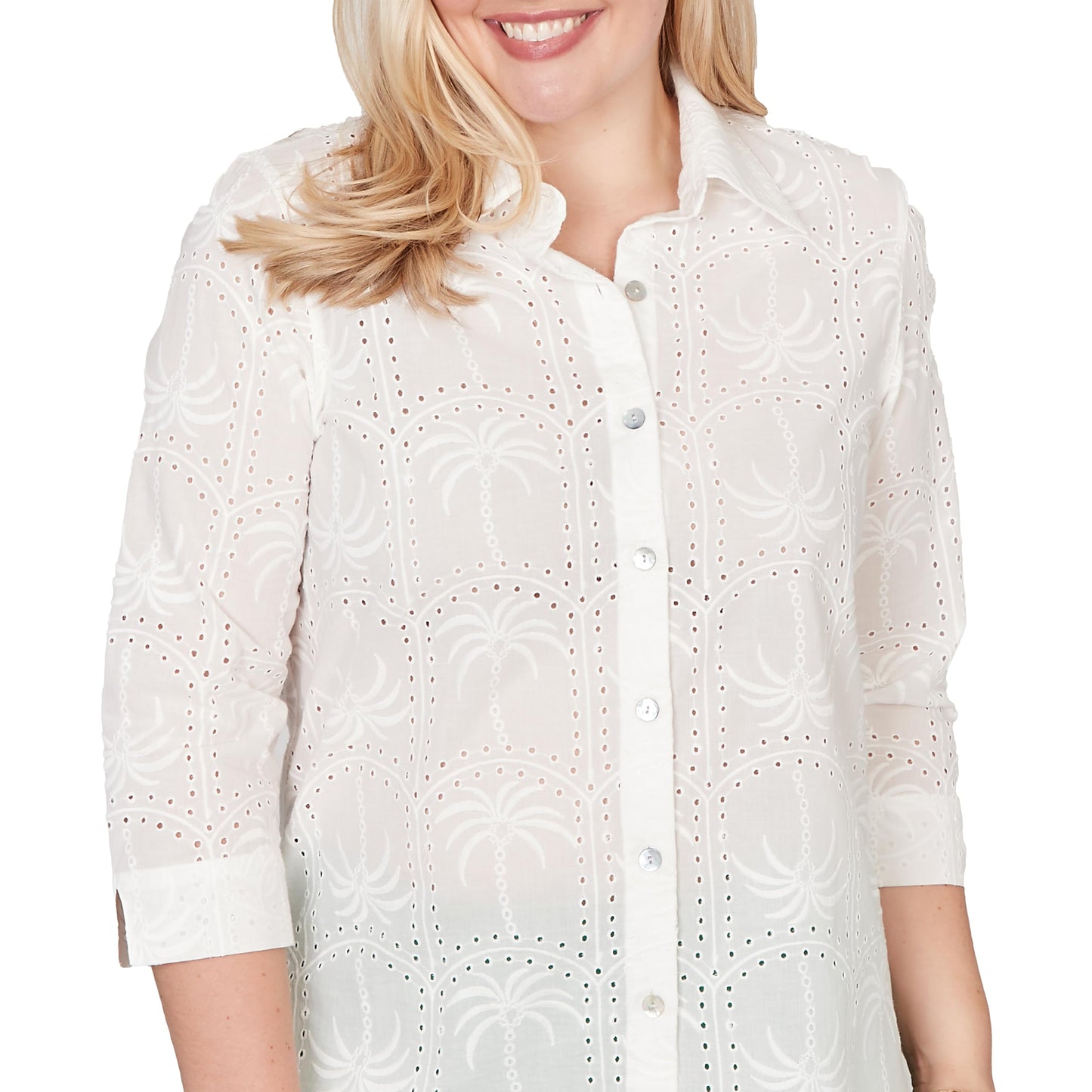 Alfred Dunner Women's Eyelet Palm Tree Button Front Top
