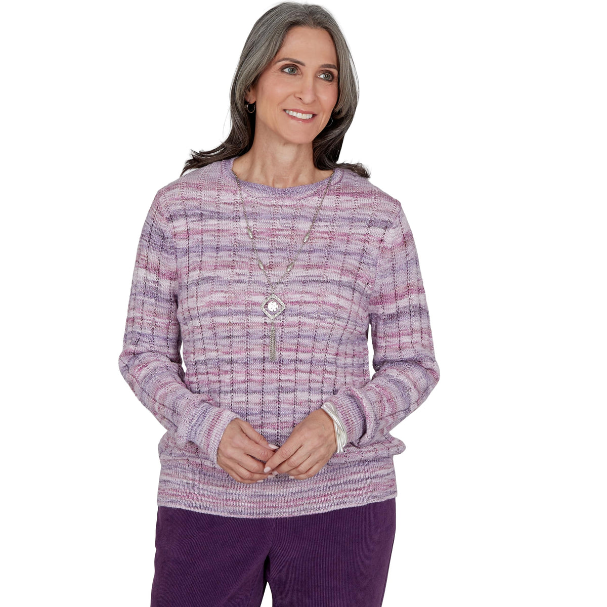 Alfred Dunner Women's Space Dye Ribbed Sweater with Necklace, Amethyst, S