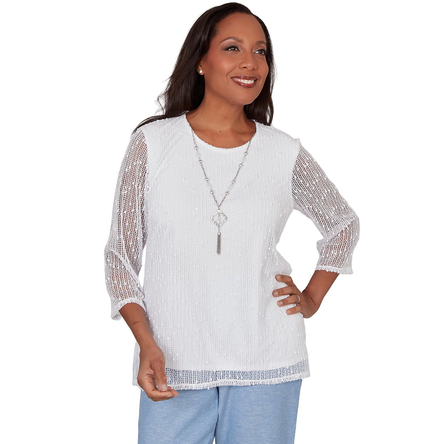 Alfred Dunner Women's Popcorn Mesh Solid Top with Necklace