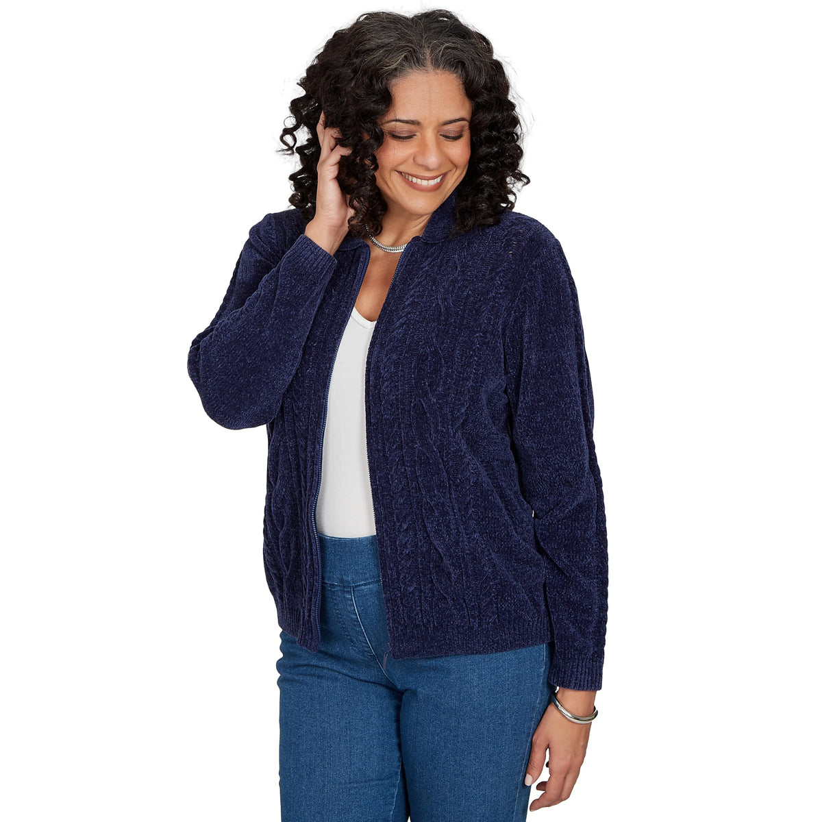 Alfred Dunner Women's Cable Chenille Zip Cardigan Sweater, Navy, M
