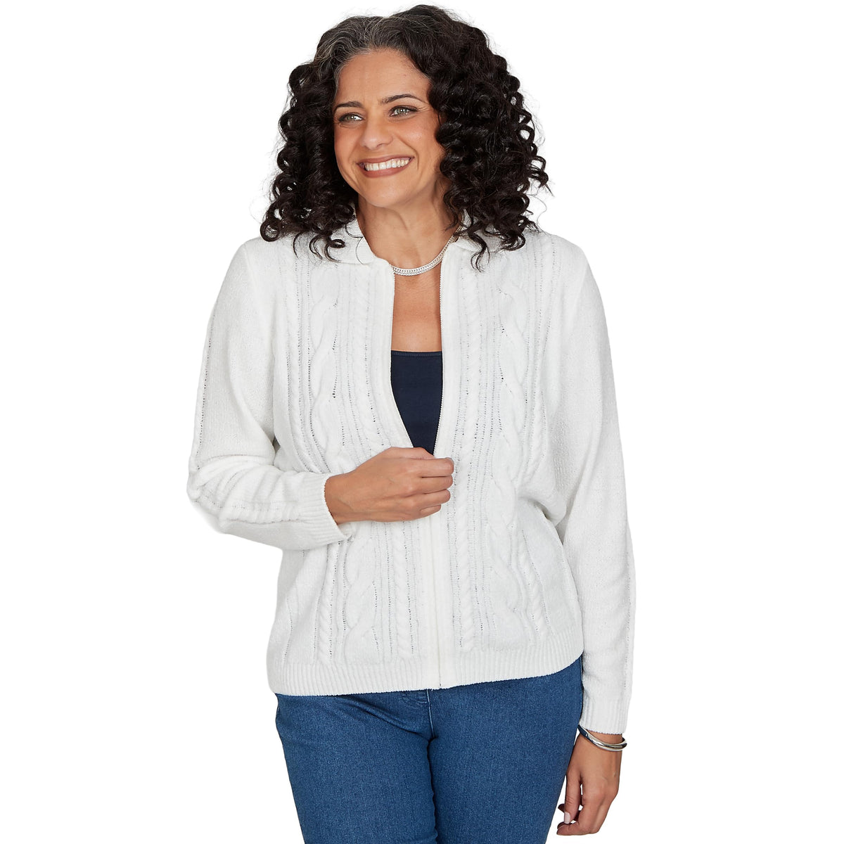 Alfred Dunner Women's Cable Chenille Zip Cardigan Sweater, Ivory, M