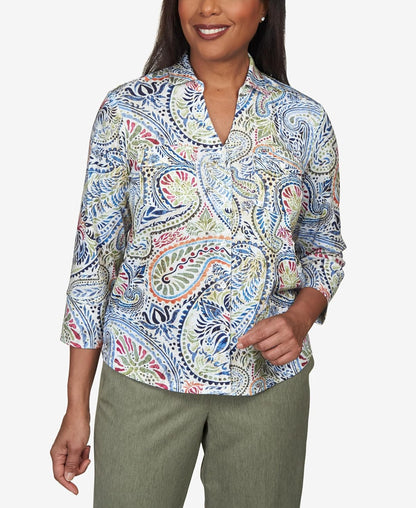 Alfred Dunner Women's Paisley Stretch Knit Button Down Top Size M Multi