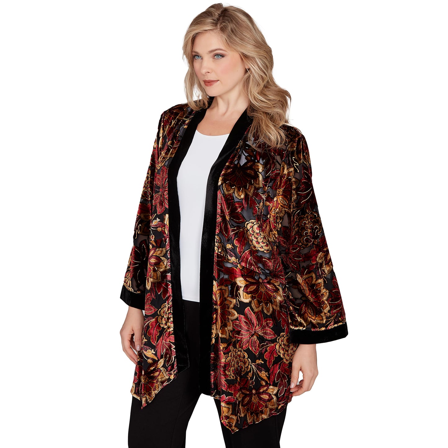 Ruby Rd. Red Allure Velvet Floral Jacket (US, Alpha, Medium, Regular, Petite, Petite, Cherry/multi)