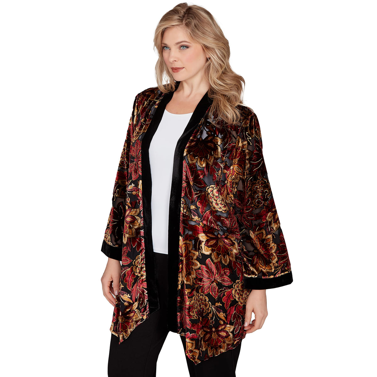 Ruby Rd. Red Allure Velvet Floral Jacket (US, Alpha, Small, Regular, Petite, Petite, Cherry/multi)