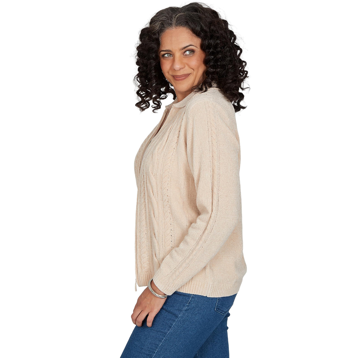 Alfred Dunner Women's Cable Chenille Zip Cardigan Sweater, Latte, L
