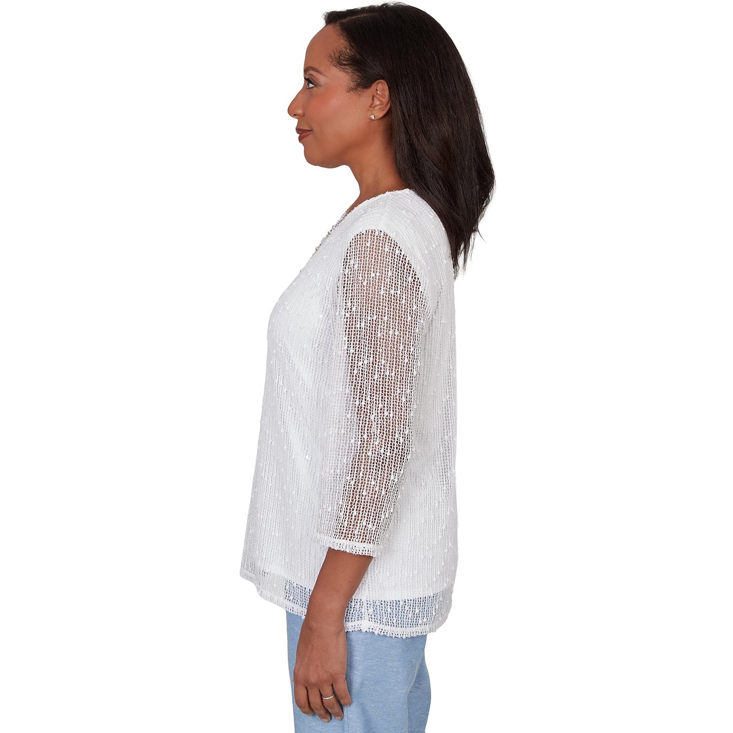 Alfred Dunner Women's Popcorn Mesh Solid Top with Necklace