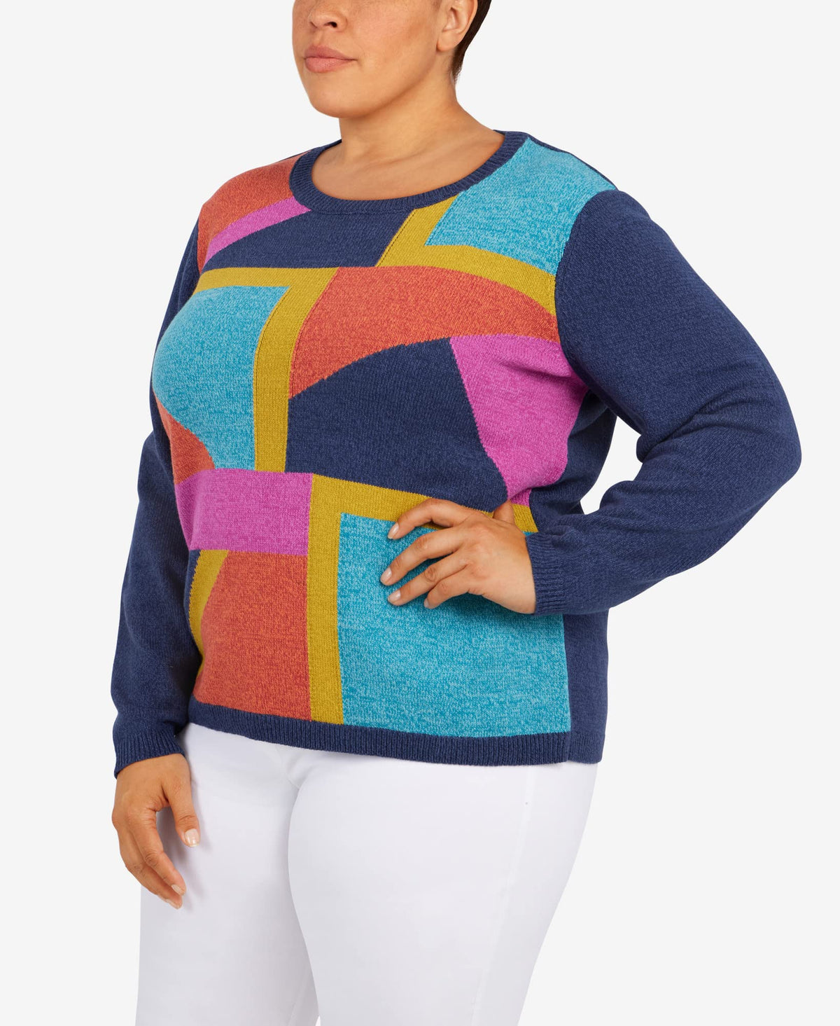 Alfred Dunner Women's Plus-Size Womens Colorblock Crewneck Sweater Size 3X Navy Multi