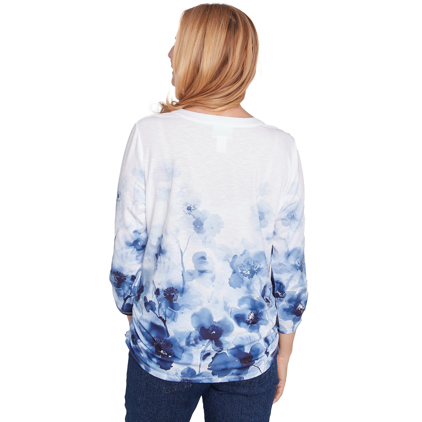 Floral Border Ruched Sleeve Henley Top