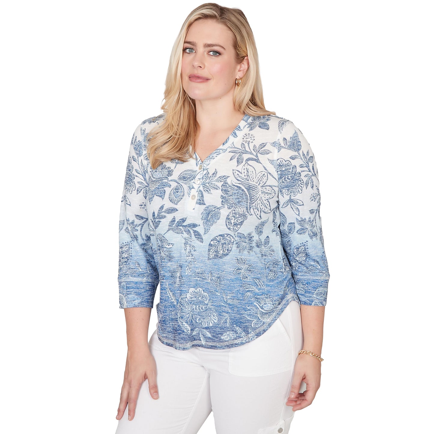 Alfred Dunner Women's Ombre Batik Floral Henley Top
