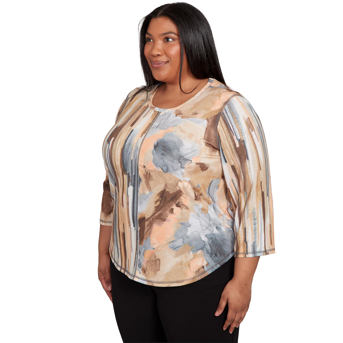 Alfred Dunner Women's Petite Spliced Floral Stripe Top Size PM Neutral