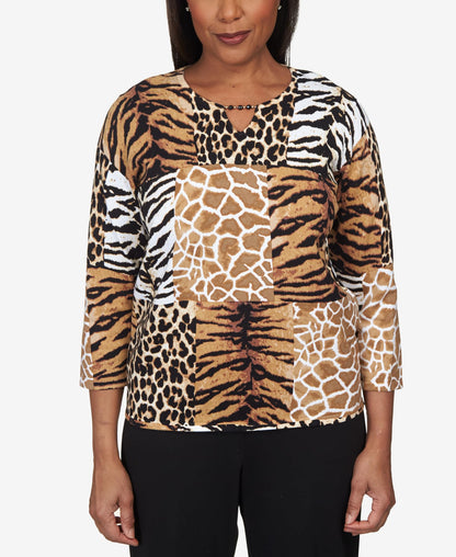 Alfred Dunner Classics Animal Patch Print Cotton Sweater