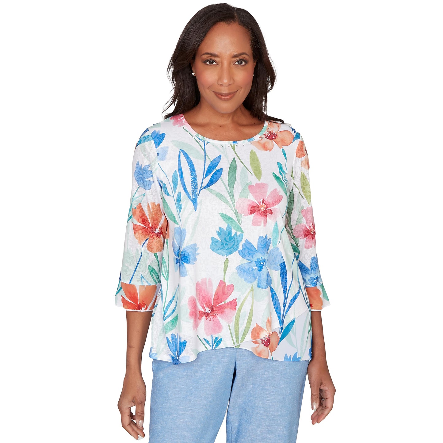 Alfred Dunner Women's Whimsical Flower Bell Sleeve Top