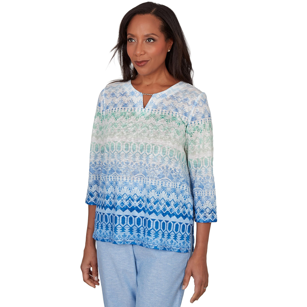 Alfred Dunner Women's Ombre Biadere Split Neck Top