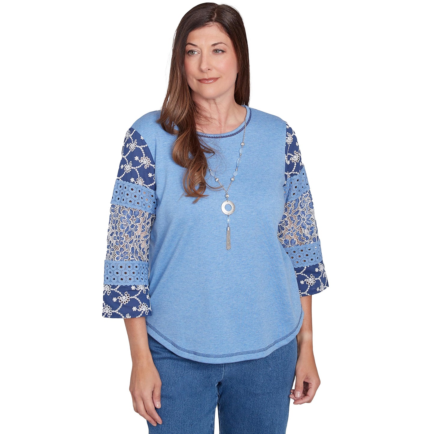 Alfred Dunner Free Spirit Cotton/Poly Top with Patchwork Sleeve