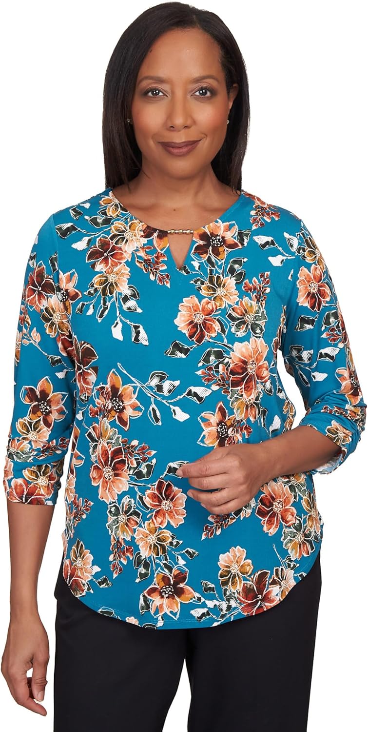 Alfred Dunner Women's Tossed Floral Shirttail Hem Top Size L Teal