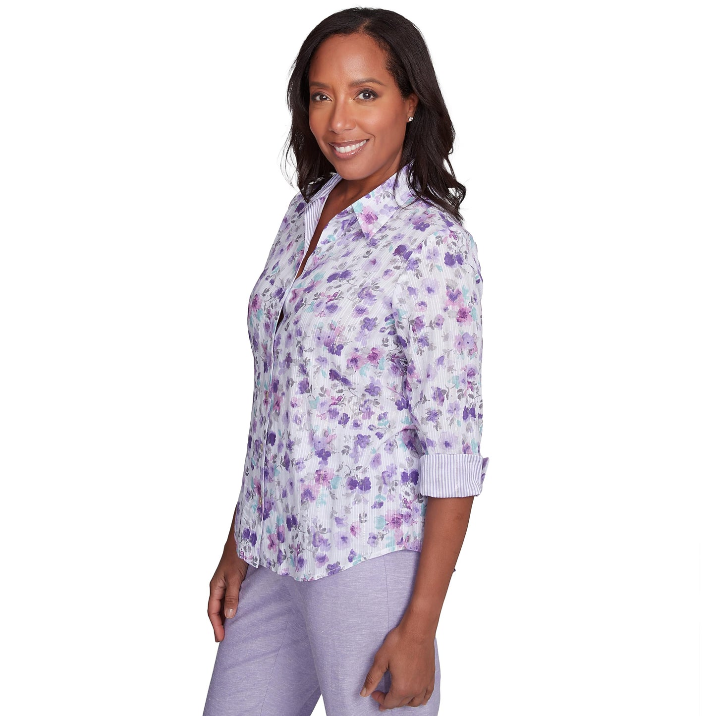 Alfred Dunner Flower with Contrast Strip Button Down Blouse (US, Alpha, Small, Regular, Regular, Standard, Lailac)