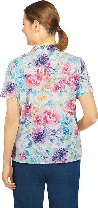 Alfred Dunner Womens Petite Floral Print Burnout Shirt, Multi, PXL