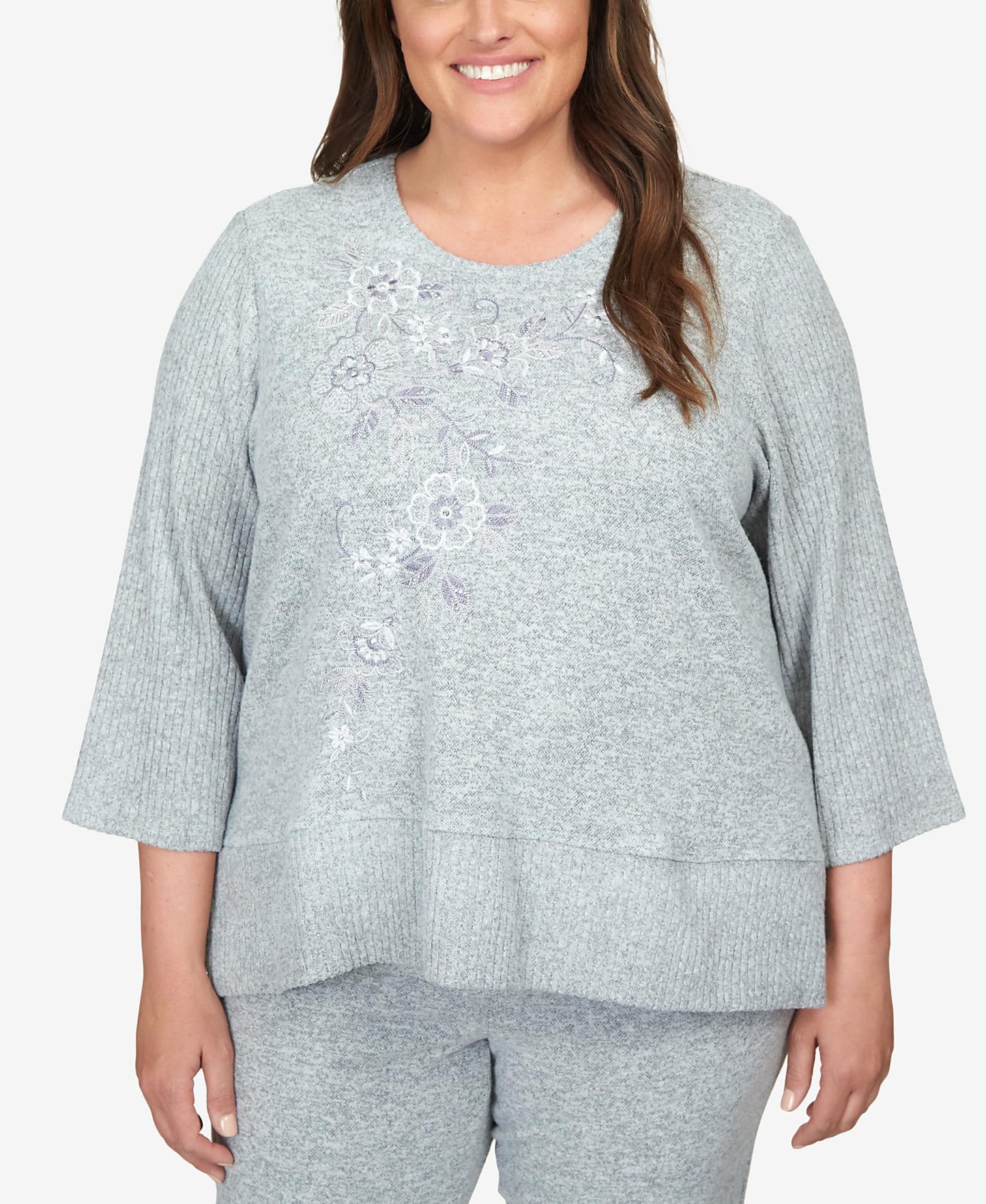Alfred Dunner Comfort Zone Floral Embroidered with Slit Hem and Ribbed Sleeve (US, Alpha, 3X, Plus, Regular, Plus Size, Grey)