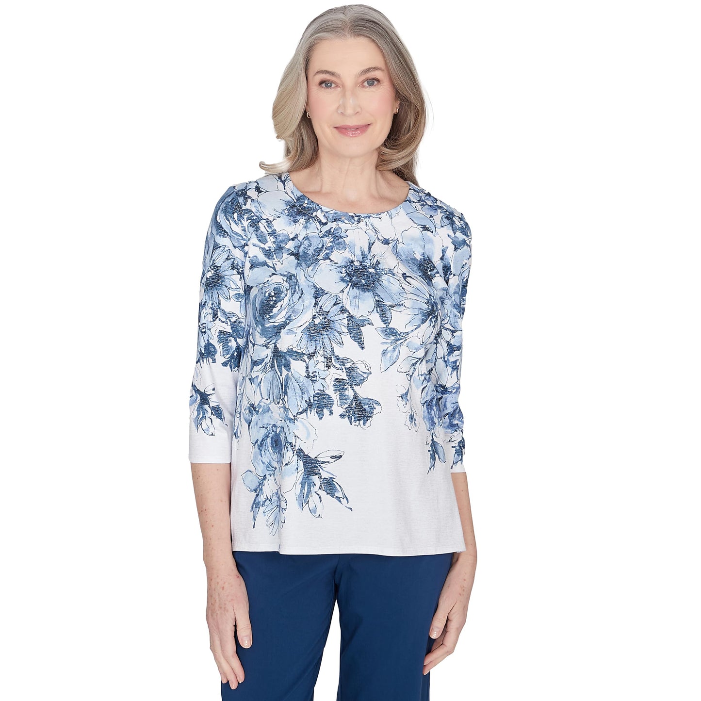 Alfred Dunner Women's Classics Floral Yoke Shimmer Top