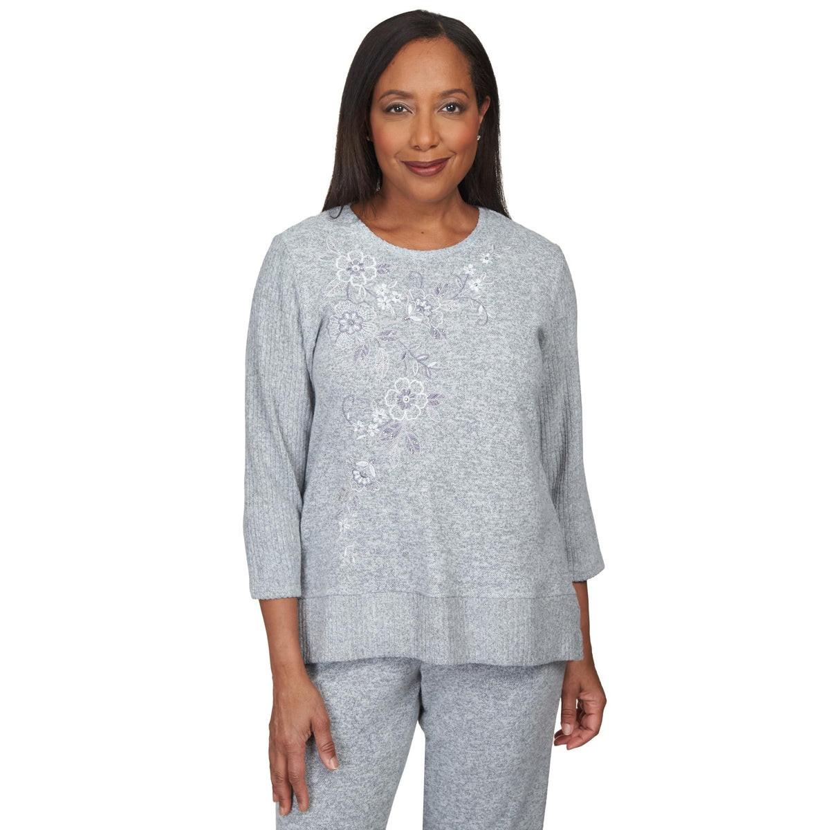 Alfred Dunner Comfort Zone Floral Embroidered Ribbed Sleeve with Slit Hem Knit Top