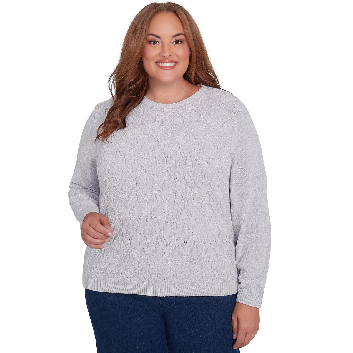 Alfred Dunner Classic Crew Neck Chenille Pullover Sweater (US, Alpha, Medium, Regular, Regular, Standard, Grey)