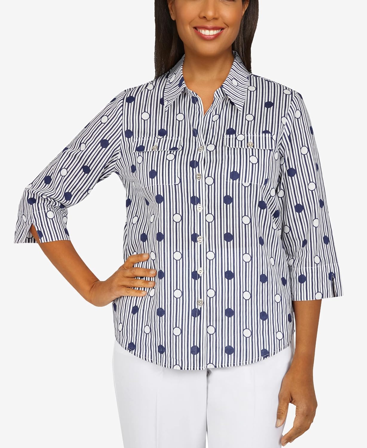 Alfred Dunner Women's Plus-Size Lightweight Dot Striped Shirt