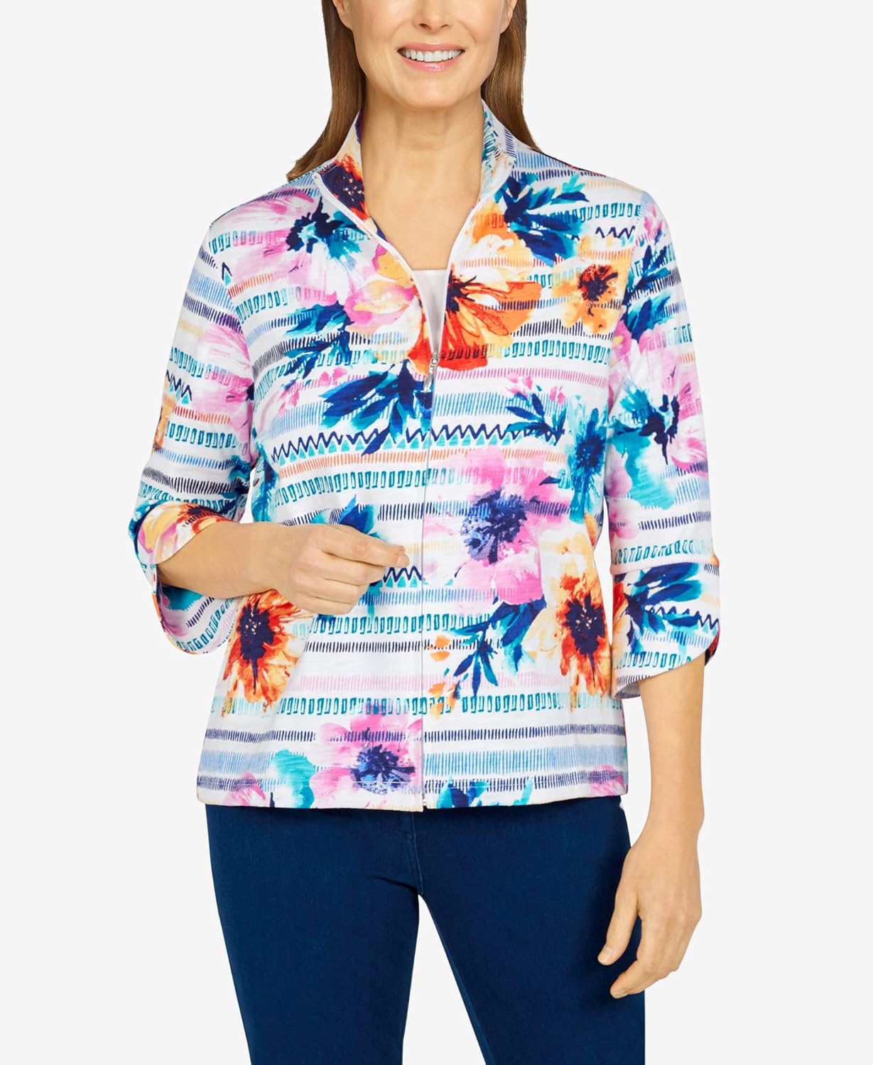 Alfred Dunner Women's Plus-Size Texture Floral Striped Print Jacket