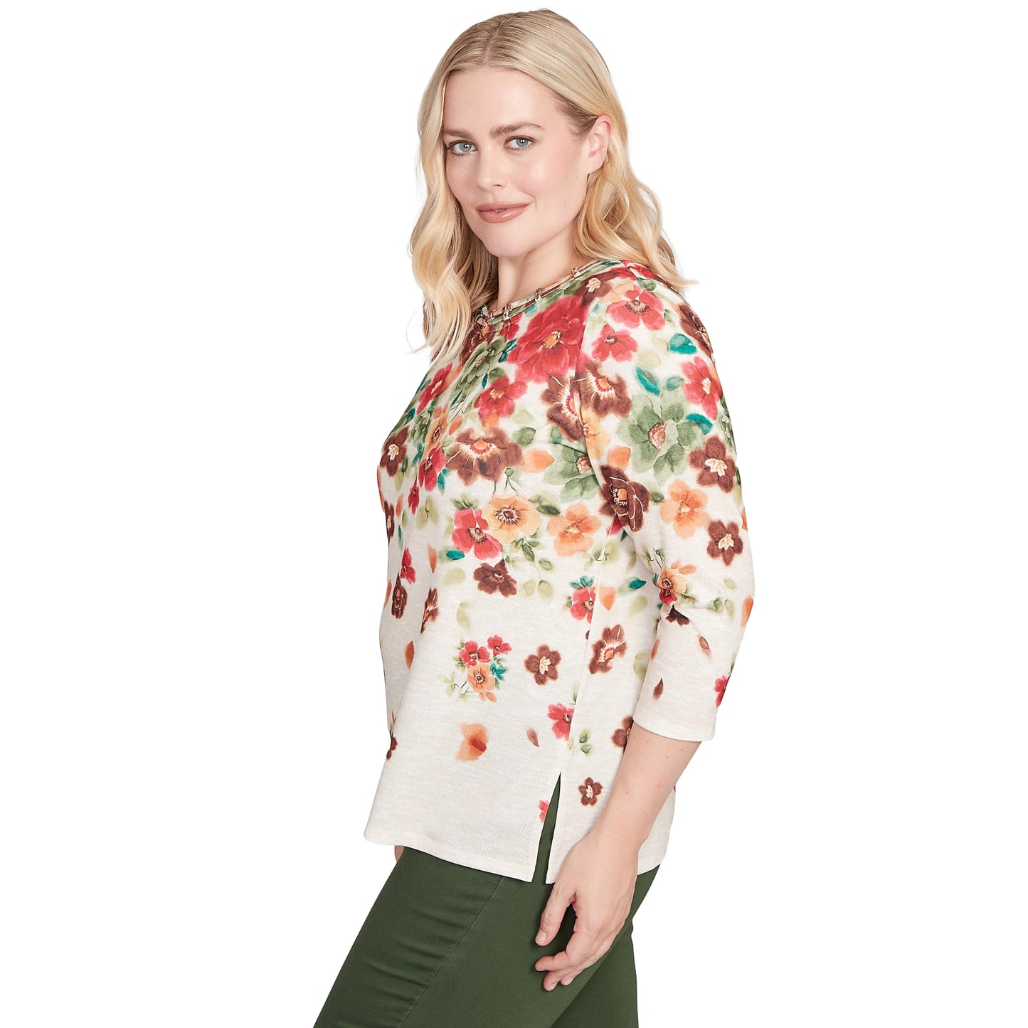 Alfred Dunner Women's Floral Detailed Neck Top Size M Oatmeal Multi