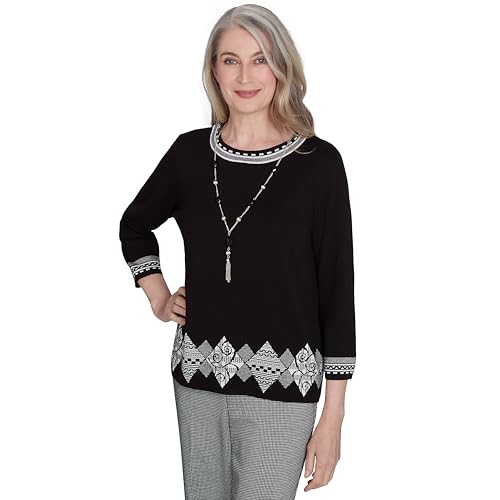 Alfred Dunner Runway Ready Black and White with Diamond Border Knit Sweater Top