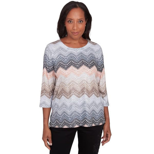 Alfred Dunner Women's Ombré Lacey Chevron Top Tan