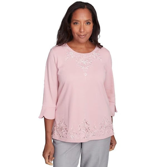 Alfred Dunner Women's Estate of Mind Lace Cutout Split Sleeve Top