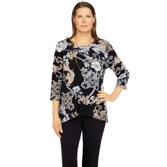 Alfred Dunner Women's Floral Scroll Puff Print Top with Necklace