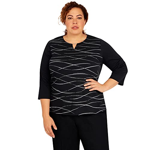 Alfred Dunner Checking in Black Top Cotton Polyester with Silver Embellishments (as1, Alpha, s, Regular, Regular, Standard, Black)